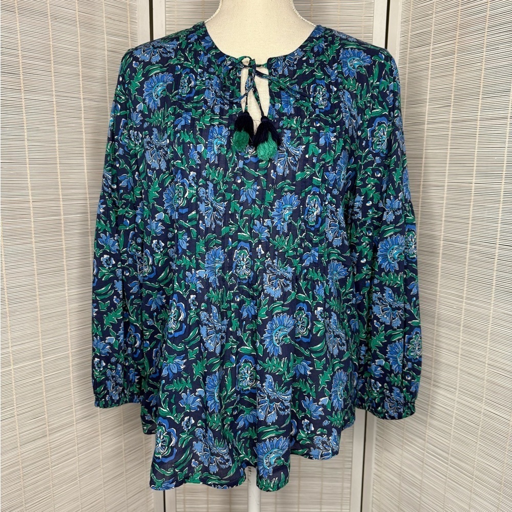 Vineyard Vines Blue Green Floral Pleated Cotton Blend Tassel Tie Top Size M